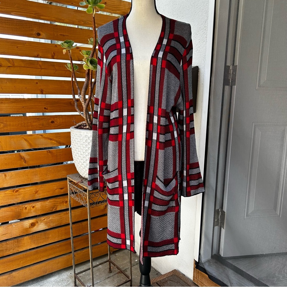 Joseph A. Longline Open Front Sweater Red Black Knit Windowpane Pockets Size 1X